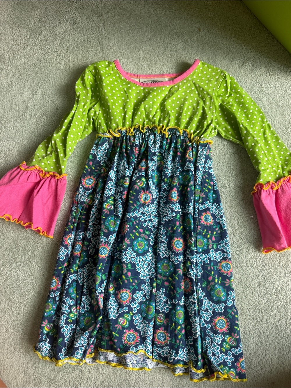 Girls Floral Navy & Lime Polka Dot Dress with Pink Accents